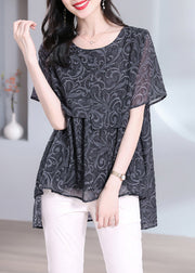 Loose Dark Grey O Neck Print Low High Design Patchwork T Shirt Summer