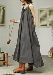 Loose Dark Grey Patchwork Solid Cotton Long Spaghetti Strap Dress Summer