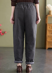 Loose Dark Grey Pockets Elastic Waist Fine Cotton Filled Pants Winter