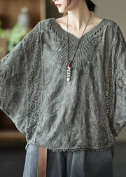 Loose Dark Grey V Neck Hollow Out Cotton T Shirts Top Summer