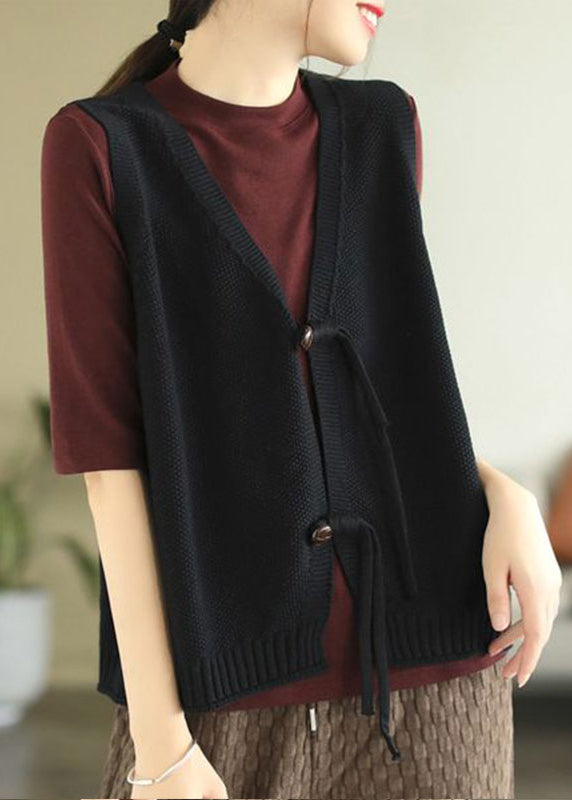 Loose Dark Khaki V Neck Button Knit Waistcoat Sleeveless