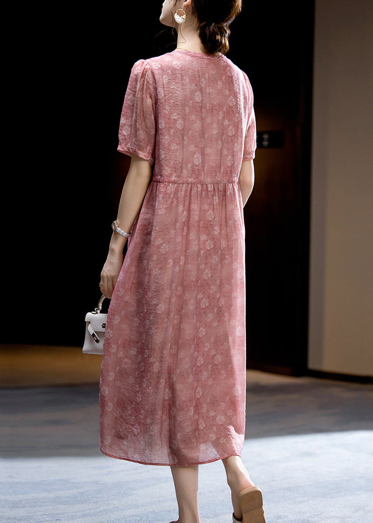 Loose Dark Pink O-Neck Print Wrinkled Silk Long Dress Short Sleeve