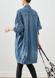 Loose Denim Blue Oversized Pockets Cotton Ripped Coats Fall