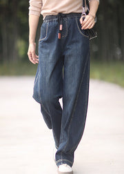 Loose Denim Blue Pockets Elastic Waist Denim Pants Spring