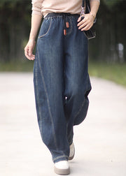 Loose Denim Blue Pockets Elastic Waist Denim Pants Spring