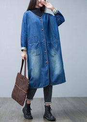 Loose Denim Blue V Neck Patchwork Pockets Cotton Trench Coats Spring