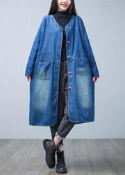 Loose Denim Blue V Neck Patchwork Pockets Cotton Trench Coats Spring