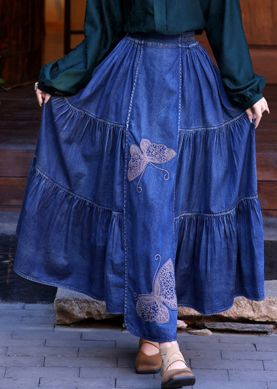 Loose Denim Navy Butterfly Embroidered Elastic Waist Maxi Skirts Summer