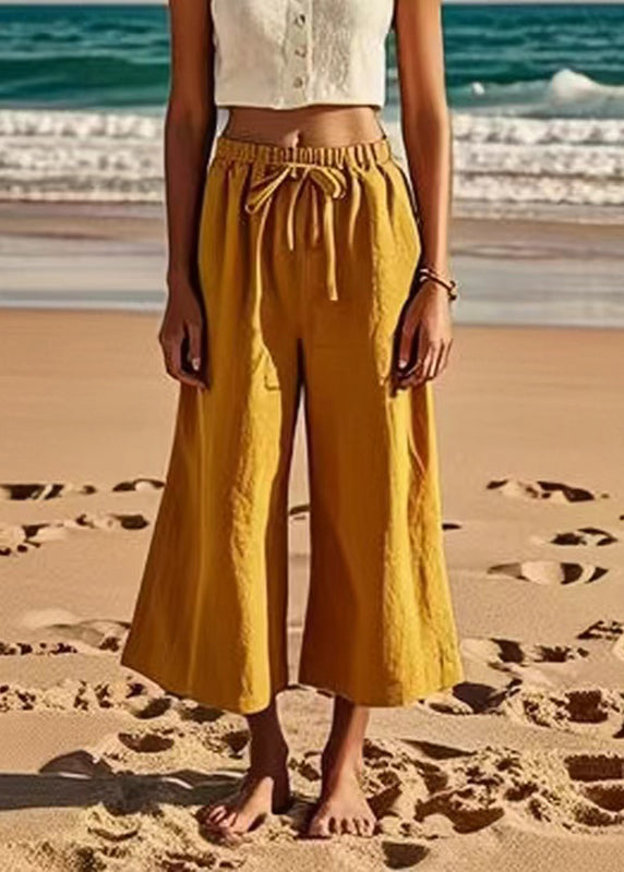 Loose Earth Yellow Tie Waist Wide Leg Pants Summer