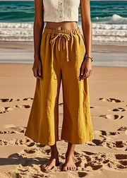 Loose Earth Yellow Tie Waist Wide Leg Pants Summer