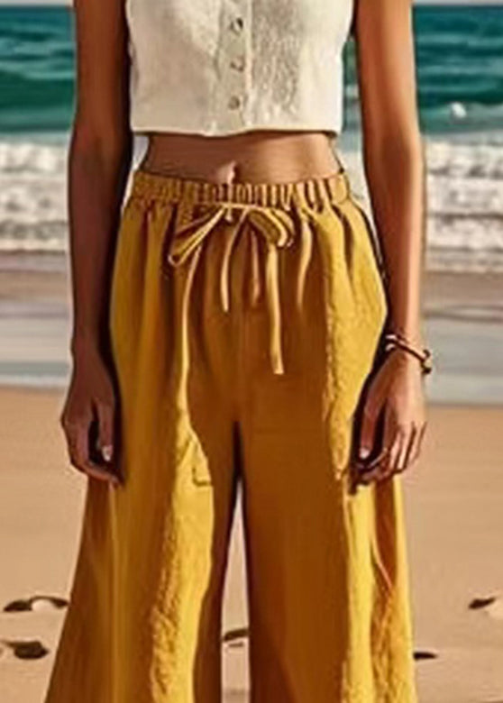 Loose Earth Yellow Tie Waist Wide Leg Pants Summer