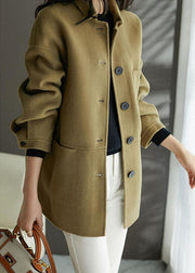 Loose Earthy Yellow  Button Pockets Patchwork Woolen Coats Fall