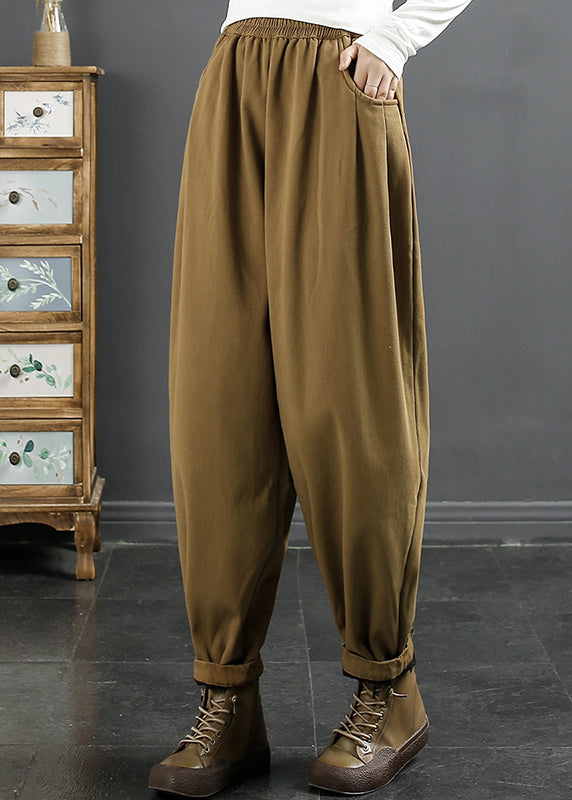 Loose Ginger Pockets Elastic Waist Fleece Pants Winter