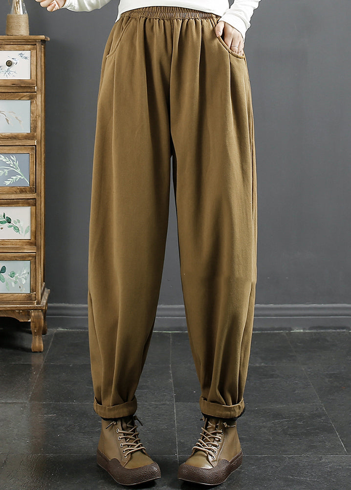 Loose Ginger Pockets Elastic Waist Fleece Pants Winter