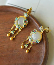 Loose Gold Sterling Silver Overgild Enamel Jade Tassel Drop Earrings