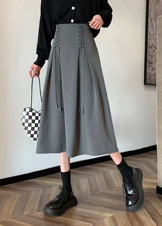 Loose Gray Wrinkled High Waist Tie Cotton Skirts Spring