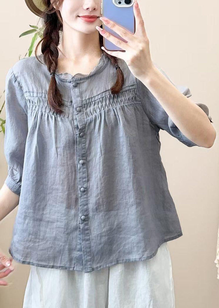 Loose Grayish Blue Ruffled Button Patchwork Cotton Shirt Half Sleeve