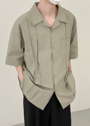 Loose Green Button Pockets Cotton Men Shirts Half Sleeve