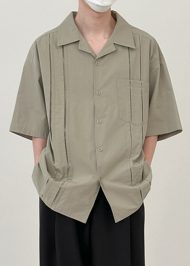 Loose Green Button Pockets Cotton Men Shirts Half Sleeve