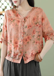 Loose Green Button Print Cotton Blouse Half Sleeve