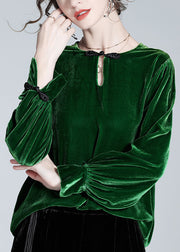 Loose Green Button Solid Silk Velour Top Winter