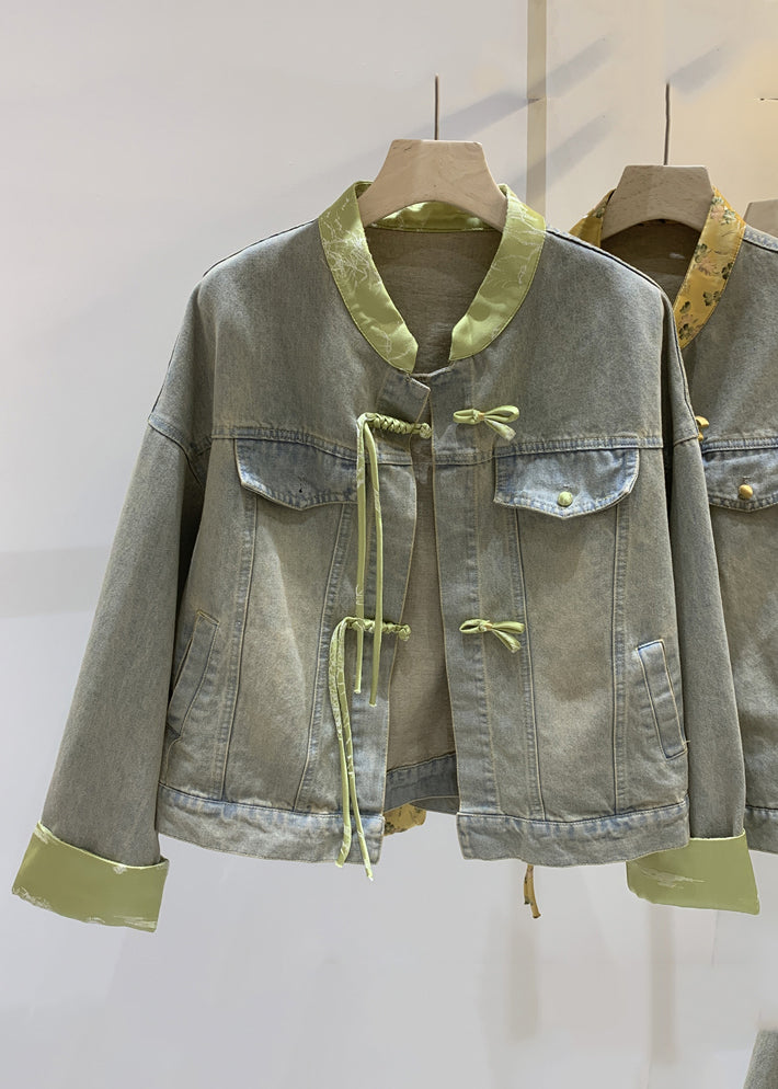 Loose Green Chinese Button Patchwork Denim Coats Long Sleeve