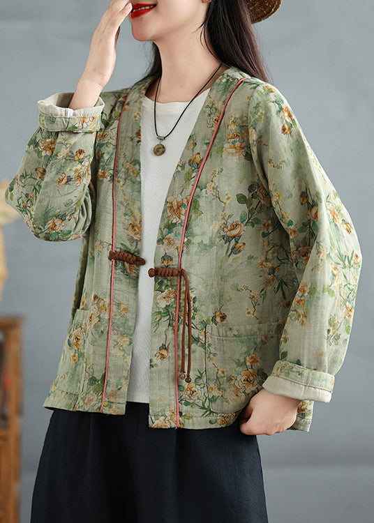 Loose Green Chinese Button Print Cotton Coat Fall