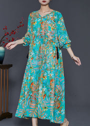 Loose Green Cinched Print Chiffon Holiday Dress Spring