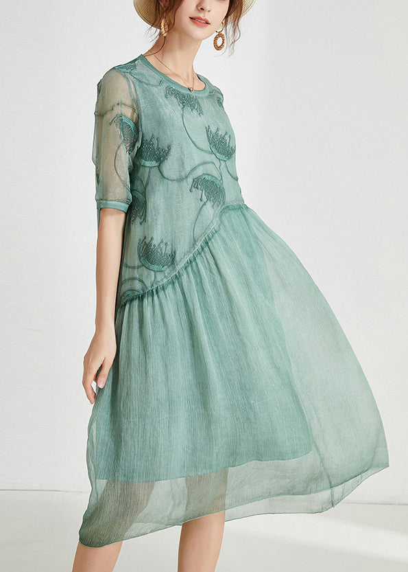 Loose Green Embroidered Patchwork Chiffon Dresses Summer