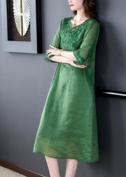 Loose Green Embroideried Linen Silk Dresses Half Sleeve