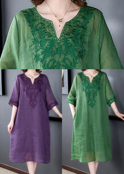 Loose Green Embroideried Linen Silk Dresses Half Sleeve