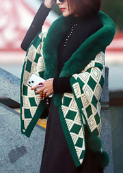 Loose Green Fur Collar Patchwork Geometric Knit Shawl