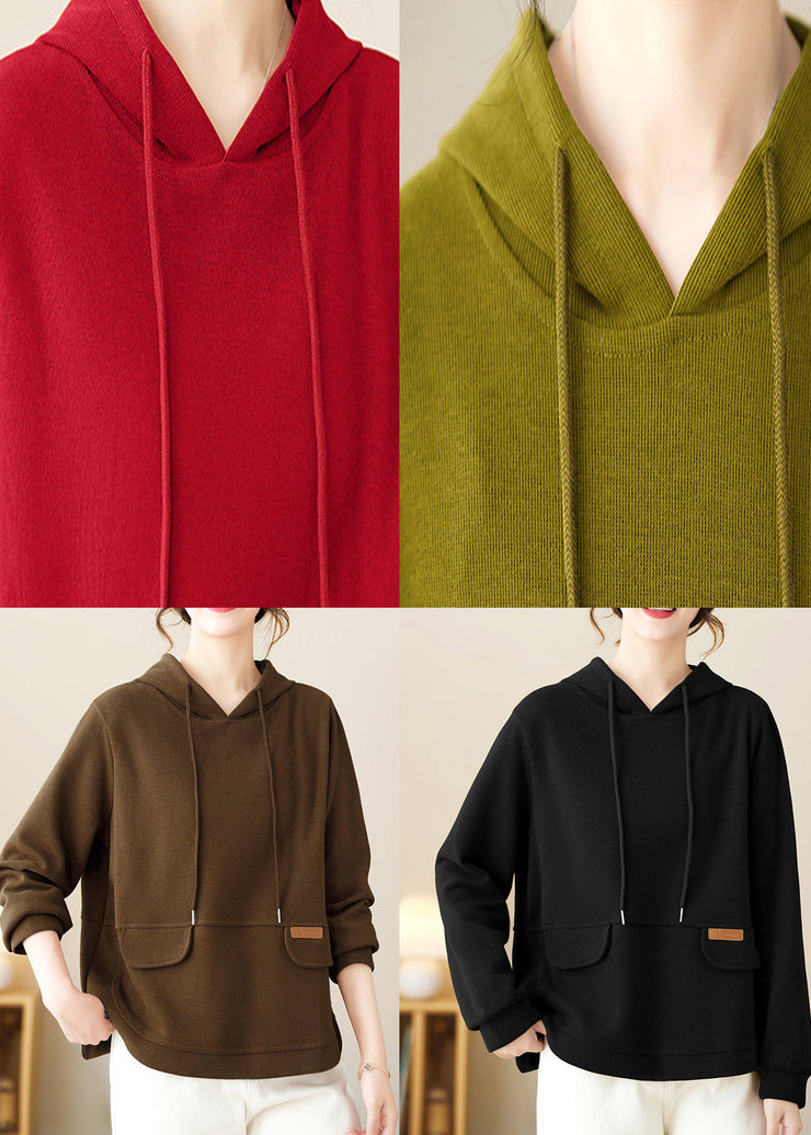 Loose Green Hooded Patchwork Cotton Pullover Streetwear Fall