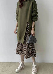 Loose Green Hooded Patchwork Leopard False Two Pieces Warm Fleece Dress Long Sleeve