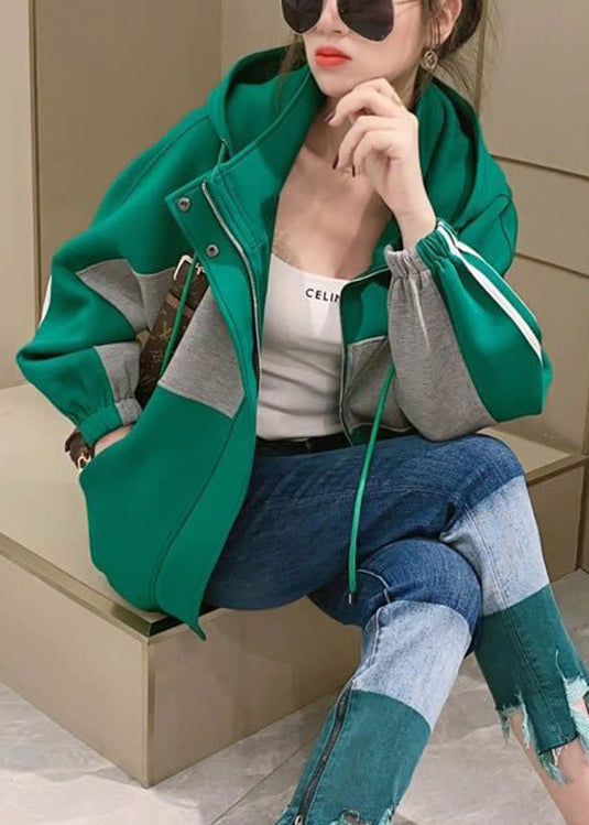 Loose Green Hooded Pockets Patchwork Cotton Coats Fall