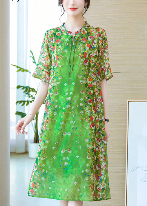 Loose Green Lace Up Print Silk Long Dresses Summer