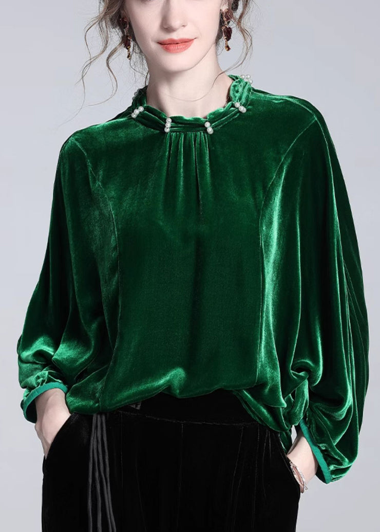 Loose Green Nail Bead Solid Silk Velour Blouse Batwing Sleeve