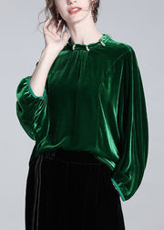 Loose Green Nail Bead Solid Silk Velour Blouse Batwing Sleeve