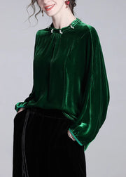 Loose Green Nail Bead Solid Silk Velour Blouse Batwing Sleeve