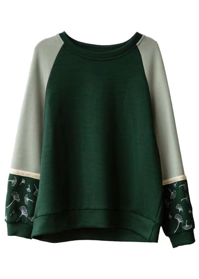 Loose Green O Neck Embroideried Patchwork Cotton Sweatshirts Fall