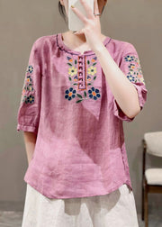 Loose Green O Neck Embroideried Patchwork Cotton T Shirt Half Sleeve