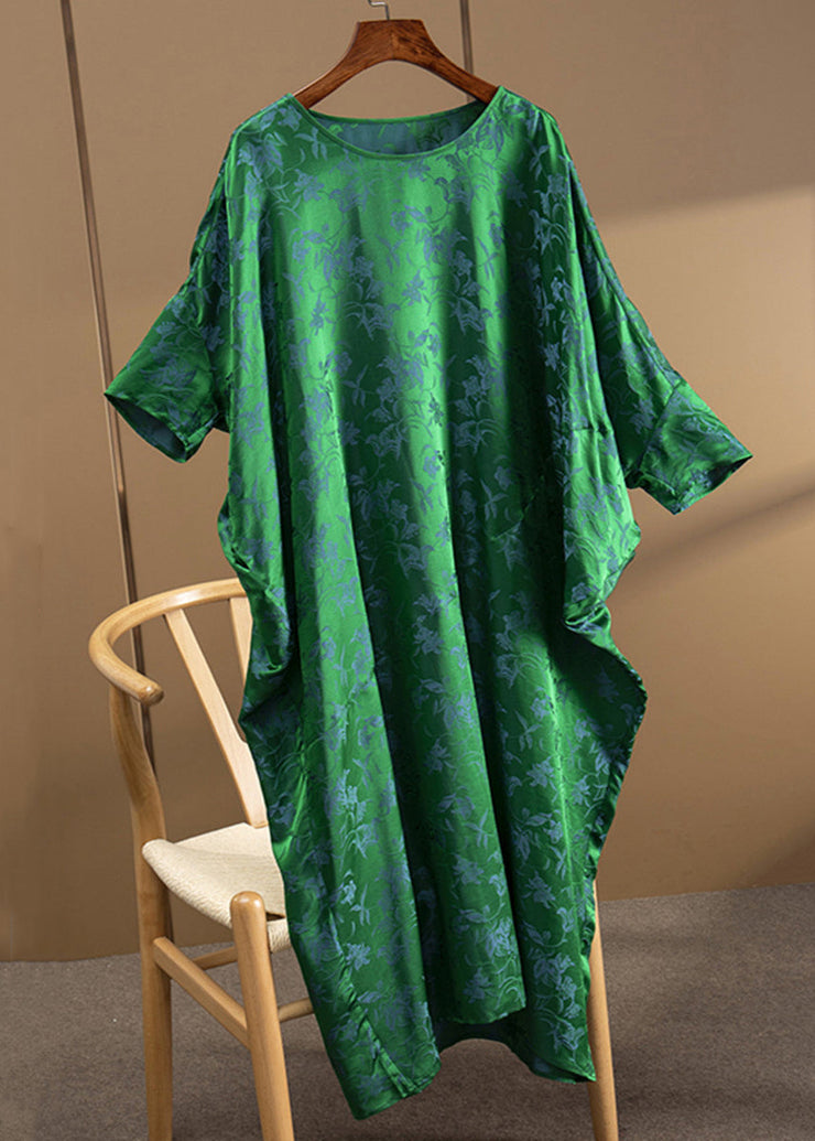 Loose Green O Neck Jacquard Patchwork Silk Dress Half Sleeve