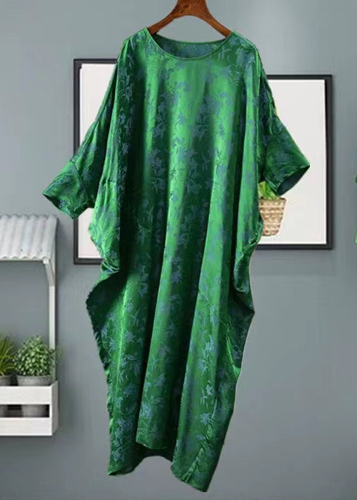 Loose Green O Neck Jacquard Patchwork Silk Dress Half Sleeve