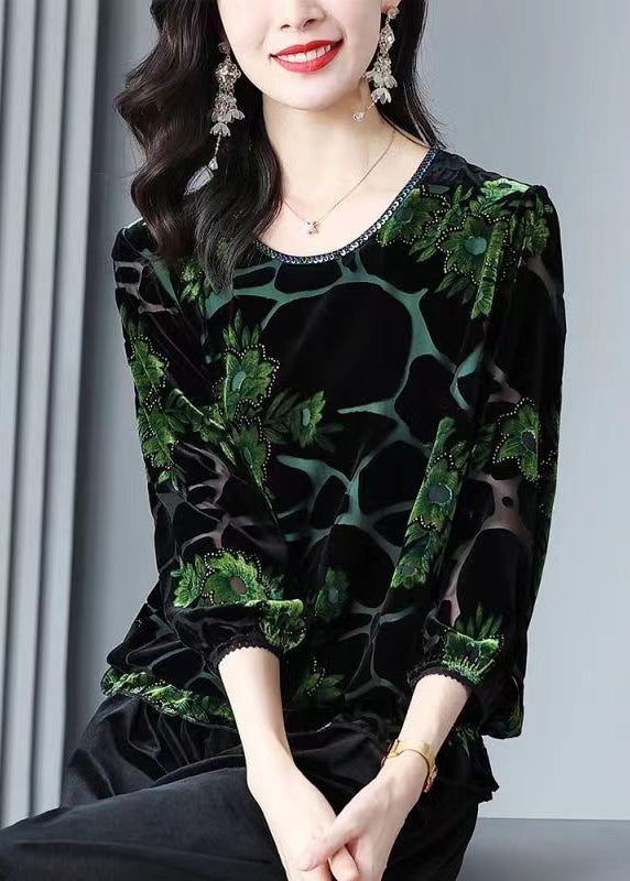 Loose Green O Neck Jacquard Patchwork Velour T Shirt Top Fall