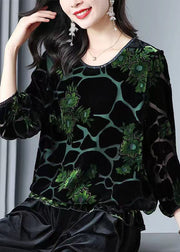 Loose Green O Neck Jacquard Patchwork Velour T Shirt Top Fall