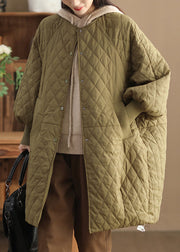 Loose Green O Neck Pockets Fine Cotton Filled Coat Winter