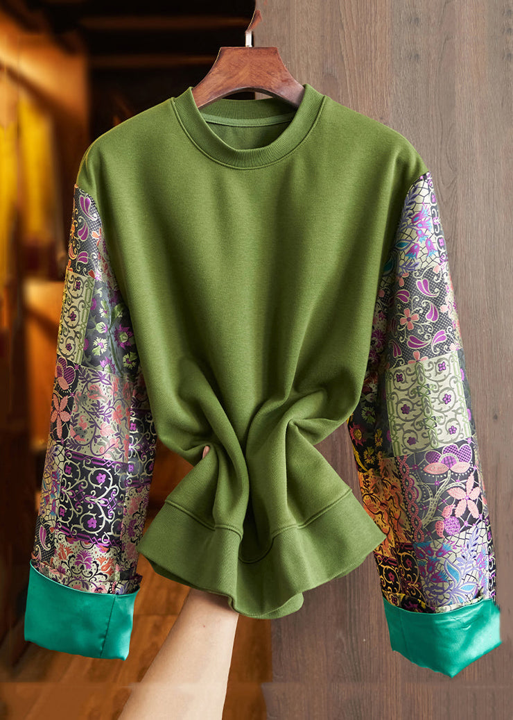 Loose Green O Neck Print Patchwork Cotton Top Fall