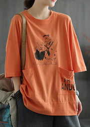 Loose Green O Neck Print Pockets Cotton T Shirt Half Sleeve