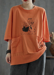 Loose Green O Neck Print Pockets Cotton T Shirt Half Sleeve