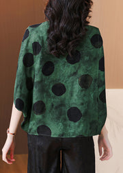 Loose Green O Neck Print Silk Shirts Batwing Sleeve